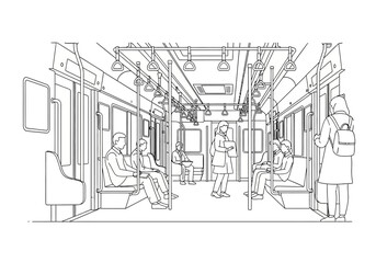 Subway Car Interior with Passengers Sketch.