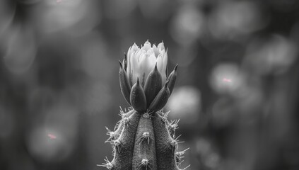Close-up of a succulent cactus blossom in monochrome