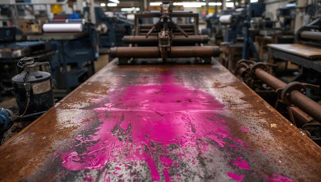 Magenta printing ink and tools arranged on a rusty metal surface