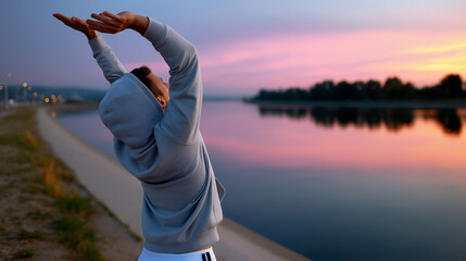 Faceless man in casual sportswear stretching arms over head near calm lake, warm pastel sunrise tones reflecting in water, defocused background, with copy space.