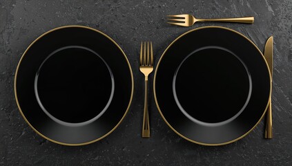 Ceramic plates and cutlery resting on a stone surface, suitable for editorial header background