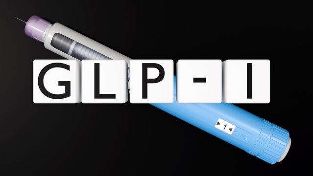 3D illustration of a gray syringe pen with the letters spelling "GLP 1" used for the treatment of diabetes