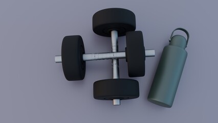 3d illustration of green water bottle and a dumbbell as known as common gym tools and accessories, suggesting a focus on exercise and hydration