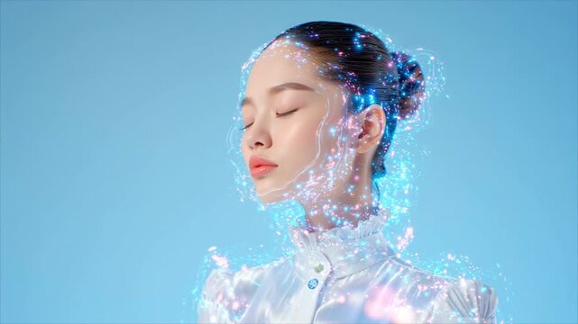 Close-up of Korean woman face showing holographic pore minimizing animation, skincare tightening concept