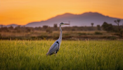 Fototapeta premium Blue heron standing gracefully in a field at sunset, seasonal change