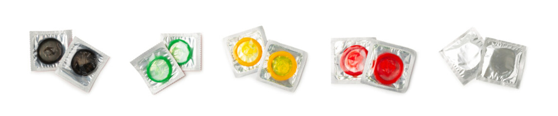 Condoms isolated on white background. Colorful fruit-colored condoms in packaging. Safe sex concept. Contraceptive. Different birth control methods. Aids prevention. World AIDS Day. Sexual health.