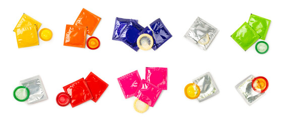 Condoms isolated on white background. Colorful fruit-colored condoms in packaging. Safe sex concept. Contraceptive. Different birth control methods. Aids prevention. World AIDS Day. Sexual health.
