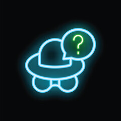 Glowing blue neon sign of an unidentified flying object with a green question mark speech bubble