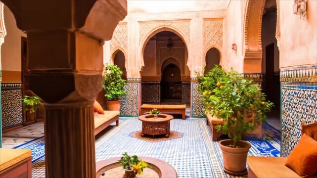 Elaborate Moroccan riad courtyard featuring tile floors, potted trees, and cushioned benches