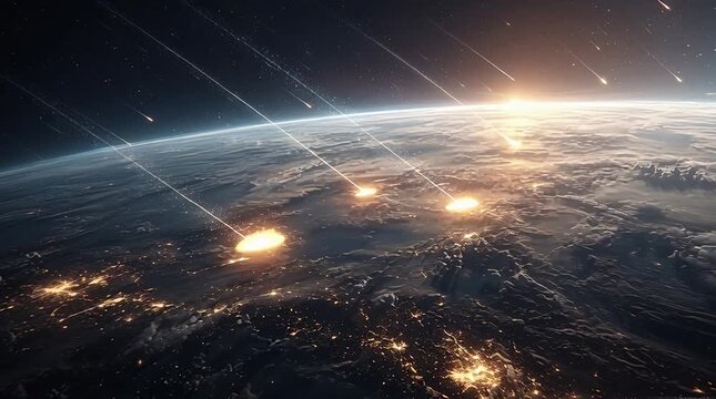 Pluie de m&eacute;t&eacute;orites sur la terre, vue de l'espace