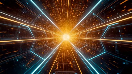 Radiant Golden Core Exploding with Blue Neon Circuit Tunnel in Infinite Depth - Powered by Adobe