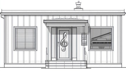 Black and white drawing of a building with musical elements