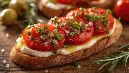 Toasted bread topped with roasted tomatoes, cheese, garlic, and fresh herbs