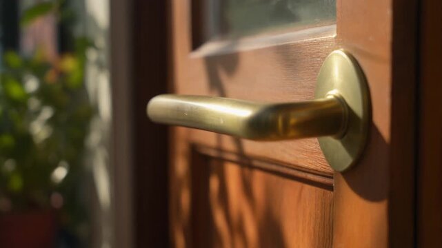 朝日に光る真鍮のドアハンドルと木の温もり
