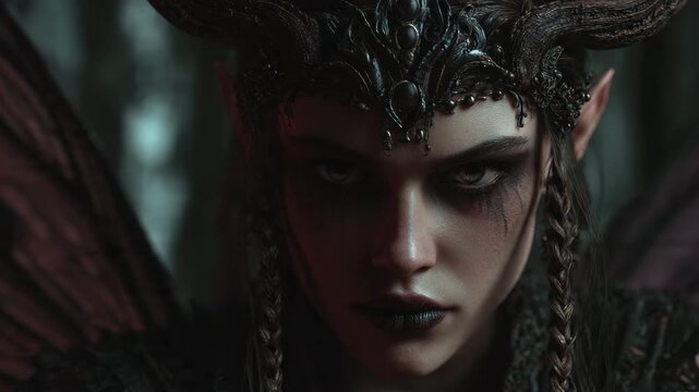 Female Elf with Ornate Black Metal Crown and Braids Cinematic Dark Fantasy Portrait for Medieval Game Character Design Concept Art

