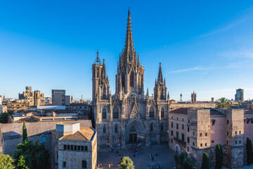 The Cathedral of the Holy Cross and Saint Eulalia, aka Barcelona Cathedral, in Barcelona,...