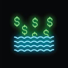 Neon sign depicting money falling into water waves, symbolizing concepts like financial investment, liquidity, and cash flow