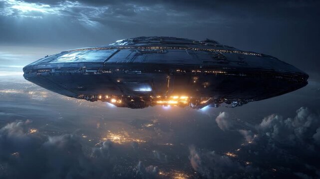 Giant Alien Disc Spaceship with Lights Hovering Over Illuminated Earth at Night Cinematic Science Fiction Epic Invasion Scene for Concept Art

