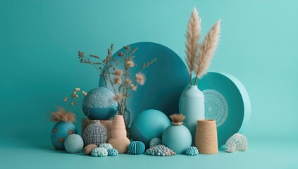 Obraz premium Turquoise-colored still life arrangement, ideal for editorial header background