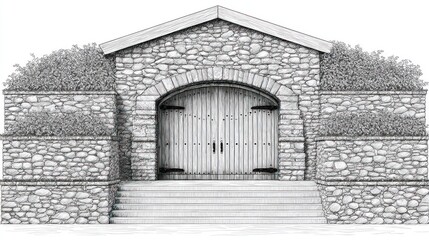 Obraz premium Stone building facade with arched entrance and wooden doors illustration