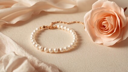 Elegant pearl bracelet paired with a fine gold chain, complemented by a soft paper rose, emphasizing luxury and romance
