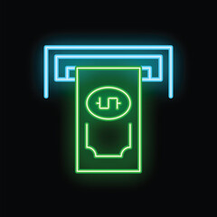 Brightly glowing neon atm machine dispensing hryvnia banknote on dark background