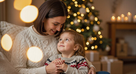 Parent and child near Christmas tree, heartwarming interaction in cozy home. Parent and child embrace amid blurred lights, enjoying emotional holiday atmosphere.