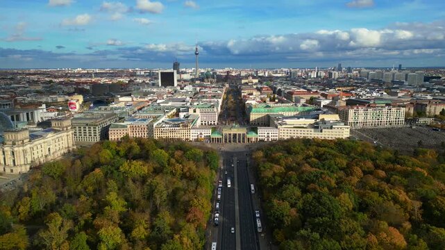 Berlin Brandenburg Gate cityscape Tiergarten. Majestic aerial view flight drone