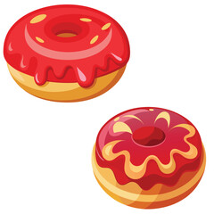 Sweet glazed pink strawberry donut vector illustration set for a delicious bakery snack