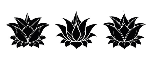Three stylized lotus flowers in black and white create a simple yet elegant botanical design perfect for backgrounds patterns or symbolic representations of purity