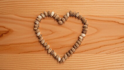 Heart shape formed from sunflower seed husks on a wooden surface