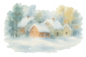 Watercolor winter village landscape illustration with snow-covered houses and trees, transparent background