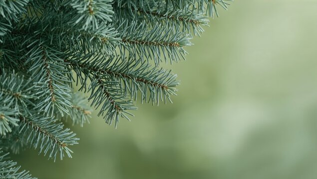 Fresh green needles on fir and spruce tree branches against a soft green and plain background