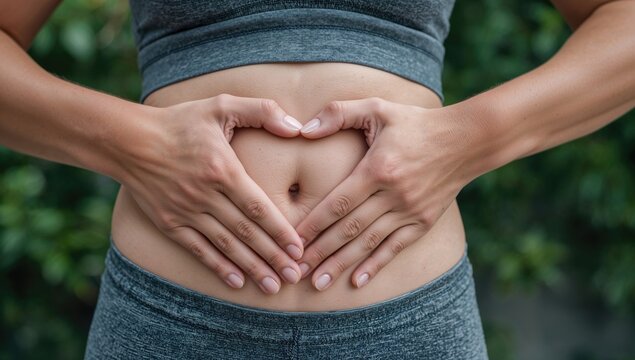 Body positivity and self-love shown through heart-shaped hands on stomach during fitness and dieting.