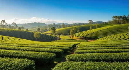 A scenic landscape of a lush green tea plantation on rolling hills. Agricultural terraced fields under a clear blue sky in the morning.