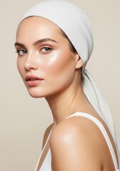 Beautiful woman portrait with headscarf and glowing skin for beauty and fashion blog aesthetic style