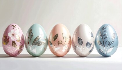 Five pastel-colored, decorative eggs with intricate metallic floral and leaf designs arranged against a soft white backdrop