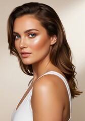 Portrait of beautiful woman with glowing skin and perfect makeup for beauty and fashion concept