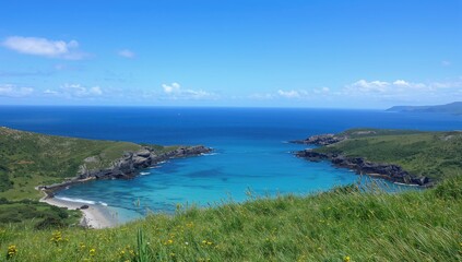Scenic hilltop perspective overlooking the vast Atlantic waters at a coastal bay.