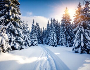 Obraz premium Snowy forest path flanked by snow-covered fir trees under a sunny sky