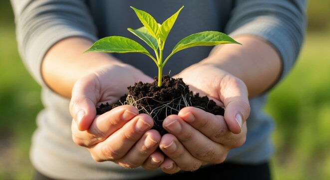 A person's hands gently holding a young green seedling in rich soil. New life, growth, and environmental conservation concept