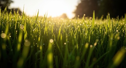 Close-up of green grass with sparkling morning dew drops. Fresh field backlit by the golden light of the rising sun with bokeh effect