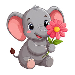 Naklejka premium Cartoon baby elephant holding a flower, smiling gently. Adorable vector perfect for wildlife, baby animal themes, nature, cute character designs, and peaceful nature scenes