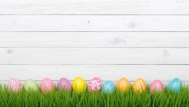 Easter Egg Hunt Invitation Featuring Colorful Dyed Eggs on Grass with White Shiplap Background, Ideal for Custom Text