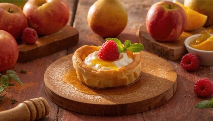 Baked phyllo pastry stuffed with fruit yogurt and garnished with fresh raspberries, fiber-dense choice