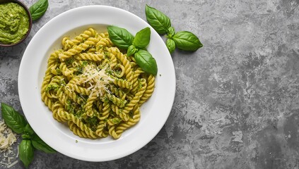 Fusili pasta topped with basil pesto and herbs, suitable for a fiber-dense meal, Italian cuisine