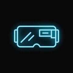 Blue neon icon of a vr headset glowing on a black background