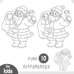 Cute Santa Claus with bag of gifts and bell. Spot the differences game for kindergarten and preschool children. Black and white coloring page for kids about Christmas