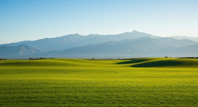 A scenic landscape of rolling green fields with a mountain range in the background. Idyllic rural countryside on a sunny day. Natural background with copy space