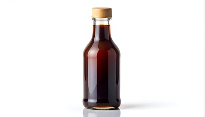 A clear glass bottle filled with a dark liquid, sealed with a wooden cap, on white